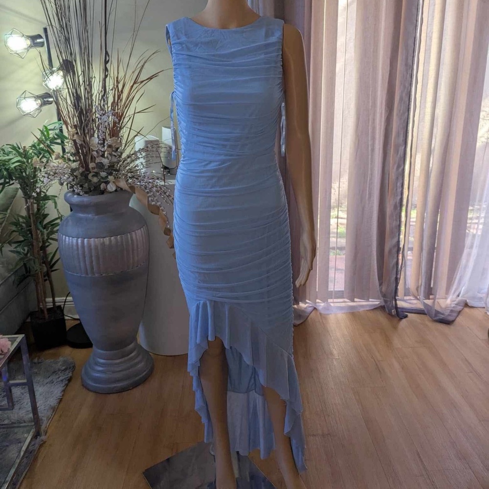 Jozelle Ruffle Hem Midi Dress Blue By Selfie Leslie size L NWT